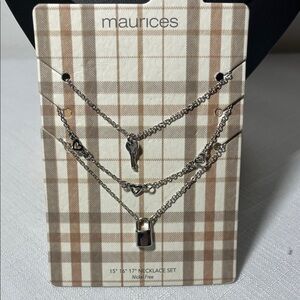 Maurices Triple Strand Silver Heart Key and Lock Necklace Set. New Lace